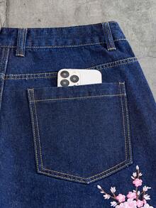 AXEPEAK Celana Pendek Denim Kasual Pria Model Vintage Niche dengan Bordir Bunga, Potongan Longgar dan Lebar, Cocok untuk Musim Panas - Navy Blue - View 5