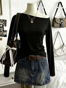 Lalippa Top de moda sexy de unicolor con escote asimétrico y espalda descubierta - Negro - Ver 2