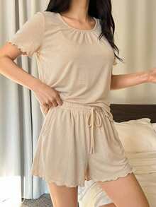DAZY 2pcs/Set Solid Color Short Sleeve T-Shirt & Short Pajama Pants With Gathered Design, Overlock Wavy Edge, Summer Home Wear Outfit - Apricot - View 4