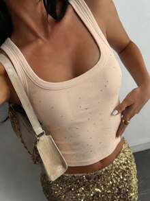 DAZY Square Neck Wide Strap Fitted Beige Ribbed Knit Rhinestone Decor Short Tank Top For Women - Coffee Brown - View 3