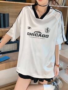 Dazy Kids Áo thun nữ tuổi teen cổ chữ V tay raglan dáng rộng in họa tiết, phong cách thường ngày, thích hợp mặc mùa hè. - trắng - Xem 5