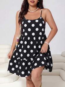 Solflare Plus Size Women's Polka Dot Pattern Ruffle Hem Cami Dress - Black - View 2