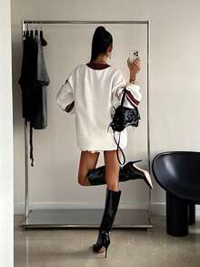 Muchica Suéter de cuello en V con estampado de corazones en blanco y negro para el Día de San Valentín, moda minimalista casual para uso diario de mujeres en otoño/invierno - Blanco - Ver 2