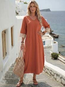 Faunlyn Women's Vacation Casual Boho Lace Patchwork Midi Dress Rust Orange Summer Everyday Going Out - Burnt Orange - View 3