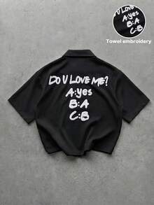 GENTILAND 男士夏季休閒標語刺繡襯衫 - 黑色 - 查看 1
