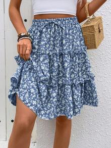 Breezaya Rok Bertingkat dengan Hiasan Rumbai Motif Bunga untuk Liburan Musim Semi/Panas - Navy Blue - View 4