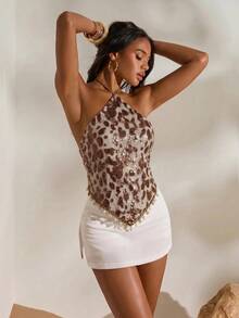 Opulessa Women's Sexy Leopard Print Sequin Backless Halter Neck Top For Summer Night Out Party Vacation Brown - Coffee Brown - View 3