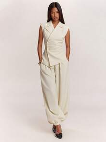 SHEIN BAE Women's White Casual Business Casual Elegant Commute Wide Shoulder Cinched Waist Ruched Sleeveless Top Long Lantern Pants 2-Piece Set Office Summer - Apricot - View 4