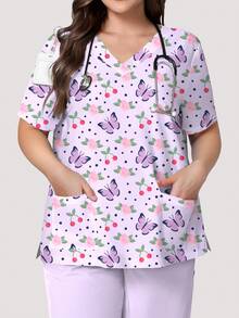 PopScrub 淺紫色蝴蝶花卉櫻花印花大尺碼女護理師刷手服，女款時尚V領短袖附口袋與側開衩設計工作服上衣，春夏醫療護理刷手服 - 彩色 - 查看 1