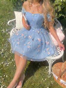 SHEIN MOD Women's Fashionable Elegant Off-Shoulder Embroidered Mini Dress,Dresses For Women Summer - Baby Blue - View 3