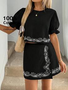 Easowa Women's 2 Pieces Set: Round Neck Puff Sleeve With Frill Trim, Back Tie Bow Short Sleeve Blouse And Asymmetrical Hem Skort Shorts, 100 Cotton - Black - View 4