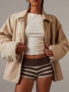 Athîral Women's Summer Casual Striped Mini Shorts - Coffee Brown - View 3