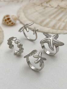 ROMWE Fairycore 4pcs Fashion Ocean Style Rings - Shiny Starfish, Shell, Geometric Metal Rings, Open Ring. Gifts For Women, Daughters, Wives - Silver - Starfish Ring - View 3