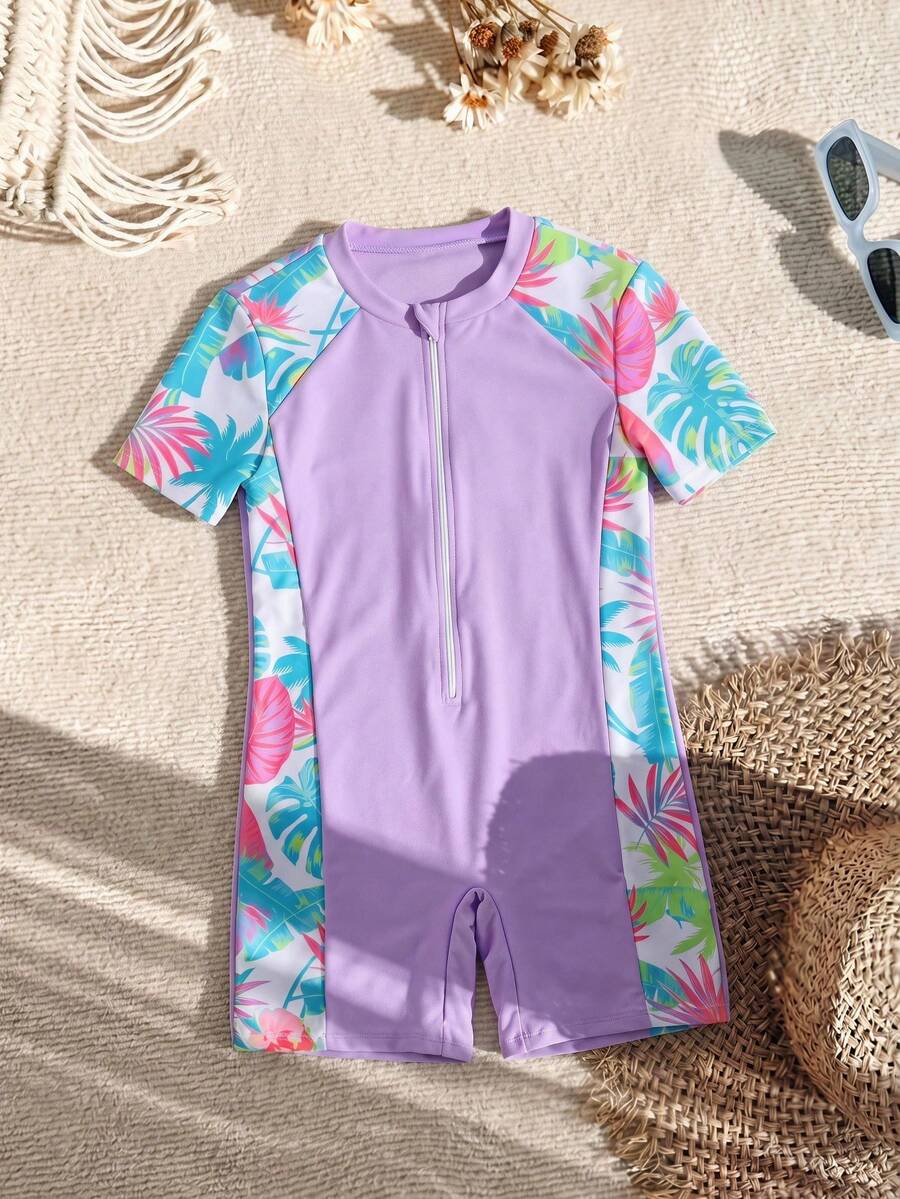 SHEIN Traje de baño ajustado con mangas raglán de color púrpura contrastante para niñas, adecuado para la playa y la natación - Púrpura malva - Ver 1