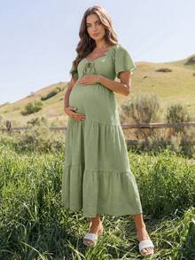 Boho Mama 孕婦夏季休閒純色短袖洋裝 - 綠色 - 查看 3