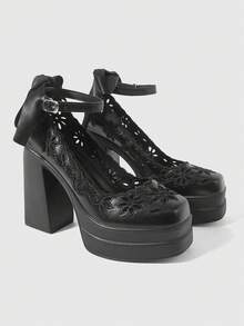ROMWE Women's Fashion And Sexy Platform High-Heeled Shoes, Punk Style, Gothic Style, Dark Style, Hollow Embroidery And Engraving, Buckle - Black - View 1