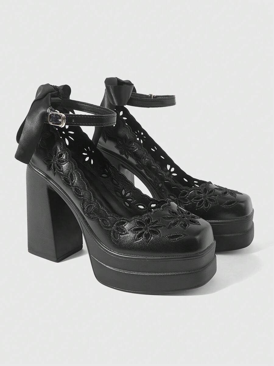 ROMWE Women's Fashion And Sexy Platform High-Heeled Shoes, Punk Style, Gothic Style, Dark Style, Hollow Embroidery And Engraving, Buckle - Black - View 1