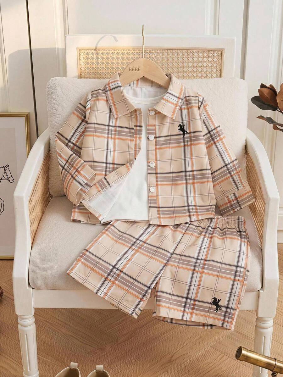 Souflis Souflis 3pcs/Set Baby Boys Casual Fashion Print Pattern Button Long Sleeve Shirt, Round Neck Sleeveless Vest And Shorts Set Suitable For Spring/Summer Vacation, Sports, College, Party And Photography Baby Boys Set Baby Boy Summer Outfit Toddler Boy Clothes Summer Sets Baby Boy Casual Set Summer Wear For Boys