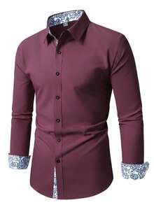 Manfinity Mode Camisa de manga larga con patrón floral de patchwork de un solo pecho (no posicionado), formal para hombres - Burdeos - Ver 4