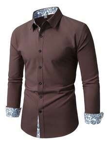 Manfinity Mode Men's Floral Print Single-Breasted Long-Sleeved Shirt (Non-Positional), Formal - Coffee Brown - View 4