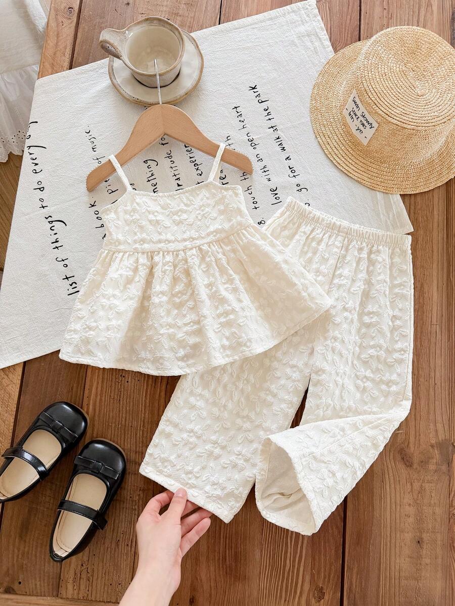 SHEIN LMoss Kids 女嬰可愛夏季碎花細肩帶上衣與彈性腰長褲套裝 - 米色 - 查看 1