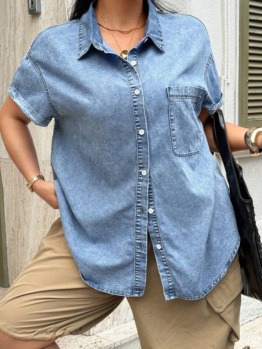 Rivivi 大尺碼女款休閒百搭夏季短袖牛仔上衣 - 中等水洗藍 - 查看 1