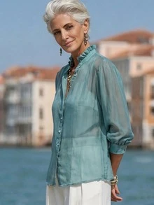 Balvessa 中老年女性夏季長袖鈕扣式荷葉邊領襯衫 - 綠色 - 查看 5