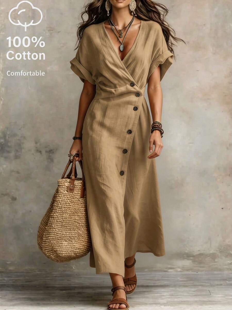 SHEIN Women Summer Holiday V-Neck Short Sleeve Wrap Midi Dress,Elegant Side Button Linen-Feel French  Tea Dress,Retro Cinched Waist Vacation Style Dress - Khaki - View 1
