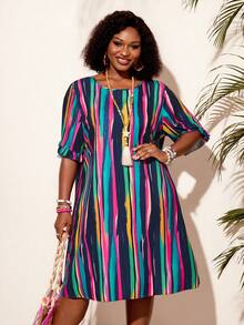 EMERY ROSE Plus Size Women's Round Neck Striped Colorblock Casual Everyday Dress - Multicolor - View 4