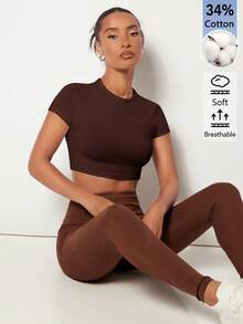 SHEIN BASICS 女款素色修身短版圓領T恤上衣 白色短版上衣 - 棕色 - 查看 9