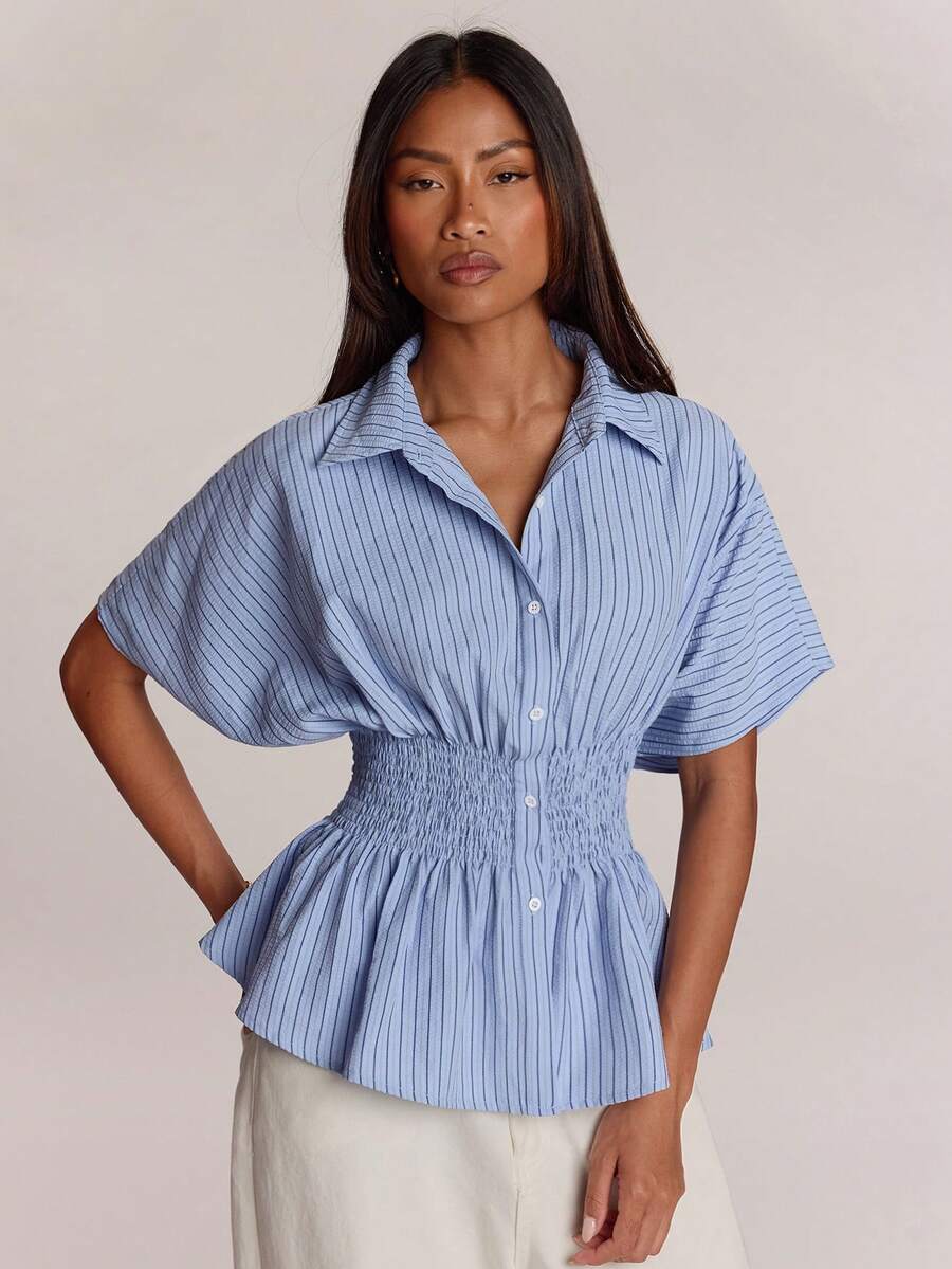 SHEIN BAE Women's Summer Casual Striped Batwing Sleeve Shirred Waist Blouse - Blue - View 1