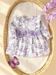 SHEIN Newborn Baby Girl White Round Neck Ruffled Cartoon Cherry Print Long Sleeved Bow Dress Elegant Babygirl Cute Autumn Monthly Milestone Purple - Purple - View 3