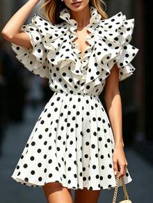 SHEIN Women's Black And White Polka Dot Ruffle Small Stand Collar Front Chest Large Ruffle Pleated Ruffle Sleeve Short Dress, Suitable For Spring And Summer Wear, Suitable For Daily Commute, Daily Elegance, Romantic Date, Beach Leisure Vacation - Black and White - View 6