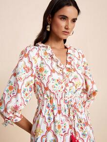 LOTSLUV Women's Spring/Summer Vacation Pink Print V-Neck Ruffle Long Sleeve Cinched Waist Colorblock Dress - Multicolor - View 5