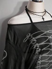 SHEIN ICON 大尺碼 Y2K 哥德風性感復古龐克鑰匙圖案雙排扣透視網紗寬開衩迷你洋裝 黑白配色 秋季健身房派對夜店電音節穿搭 - 黑色 - 查看 8