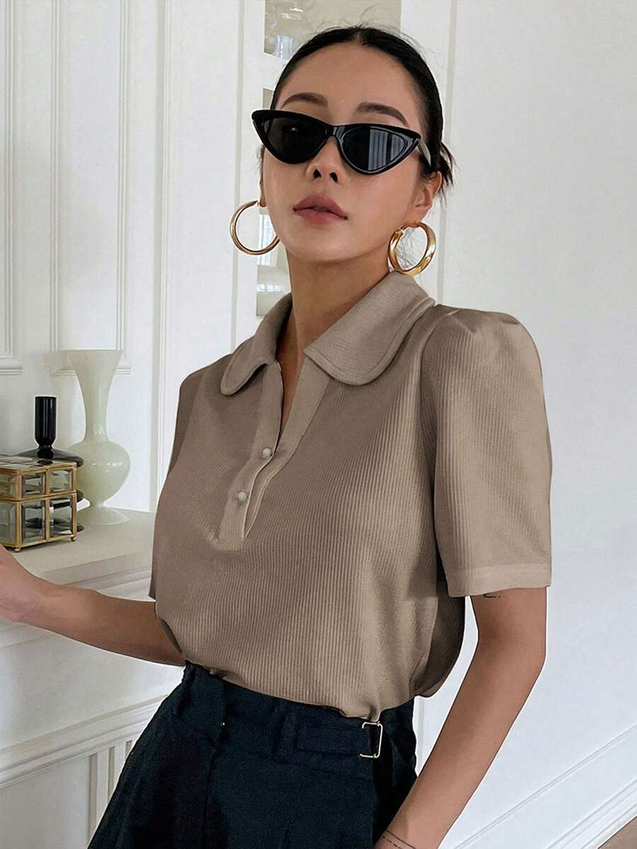 DAZY Camiseta Sólida De Cuello De Polo Con Mangas Abullonadas - Marrón Mocha - Ver 1