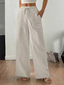 SHEIN Tall CURVE Damen Große Größen einfarbige Leinen Kordelzug Weites Bein Taschen Strukturierte Lässig Hose, Vintage Stil Locker Sitzende Leinen Hose, Sommer Strand Urlaub Hose, Cargohose - Aprikosenfarben - Übersicht 6