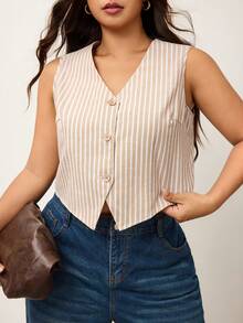 Enliva Plus-Size White Lightweight Vest, Women's Office Brunch Bussines Evening Attire, For Apple And Rounded Body Shape Teachers' Day Summer Casual Elegant - Khaki - View 5