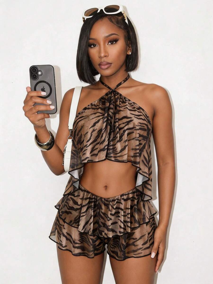 Mistrie Conjunto de 2 piezas de top corto y shorts con estampado de cebra para mujer, sexy para cita nocturna