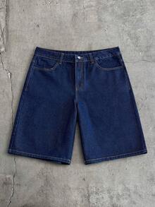 AXEPEAK Celana Pendek Denim Kasual Pria Model Vintage Niche dengan Bordir Bunga, Potongan Longgar dan Lebar, Cocok untuk Musim Panas - Navy Blue - View 3