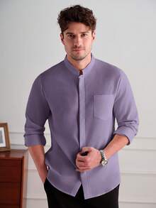 Core Aspect Men's Casual Solid Color Single-Breasted Pocket Shirt - Purple - View 5