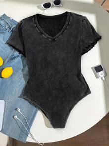Comfortcana Plus Size Summer Casual Washed Fitted Bodysuit - Black - View 5