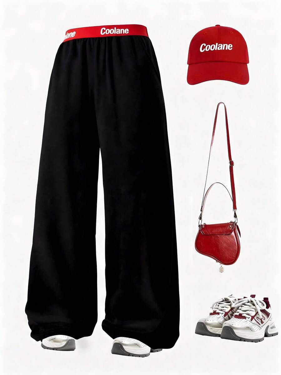 SHEIN 青少年女孩字母印花拼色休閒百搭日常穿著運動長褲 - 黑色 - 查看 1