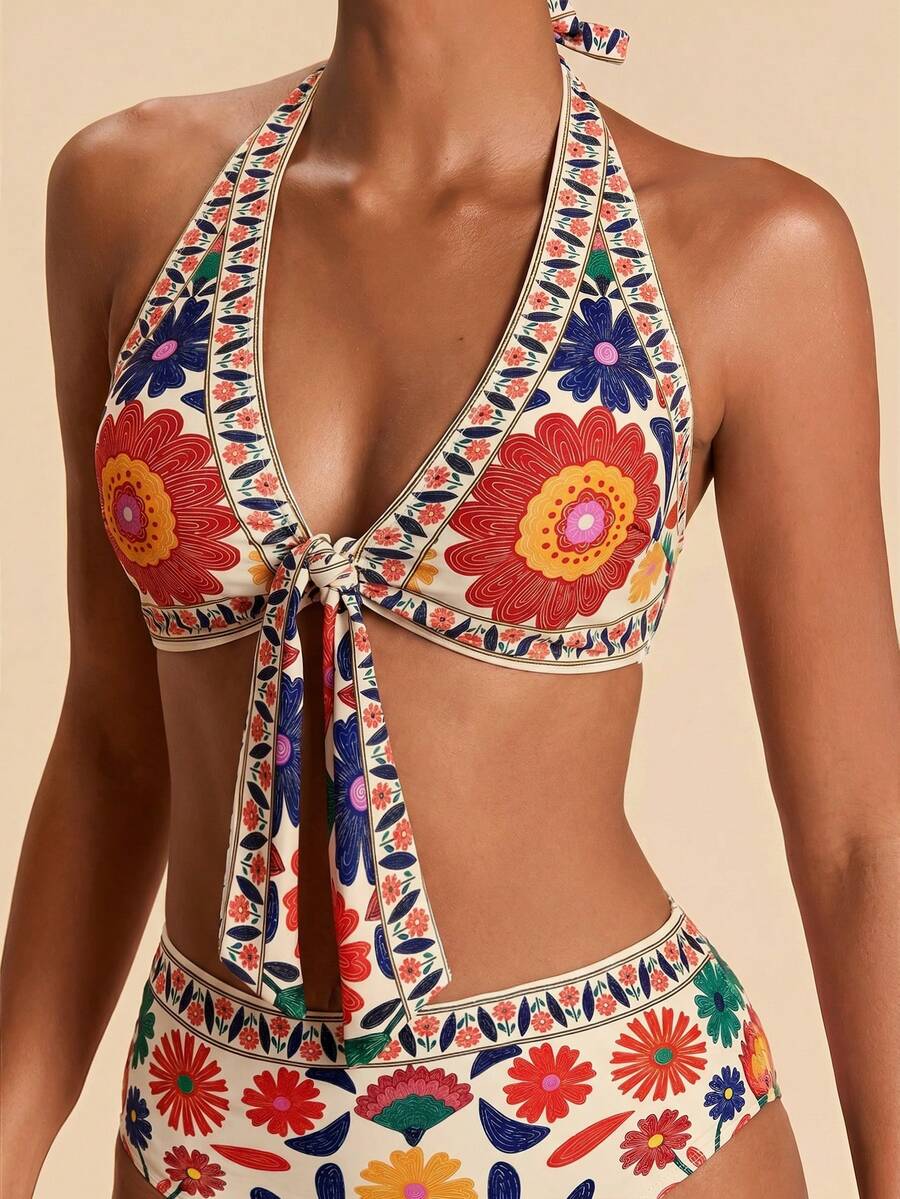 Travachic Women's All-Over Print Halter Neck Backless Bikini Set Pool Party Beach Vacation Beige Summer Tropical Boho - Multicolor - View 1