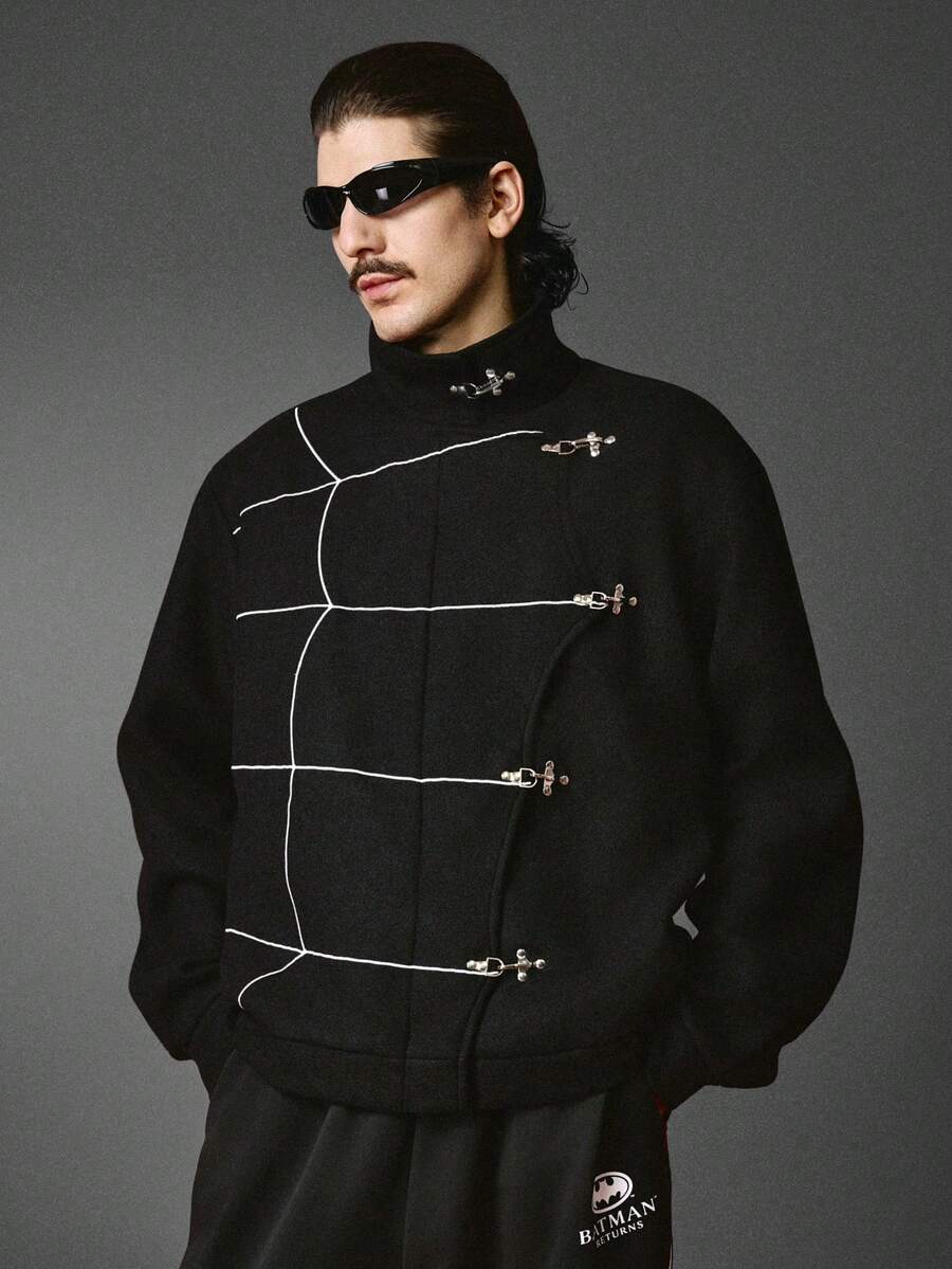 STYNVO Men's Fashion Spiderweb Embroidery Design Zip-Up Stand Collar Jacket - Black - View 1