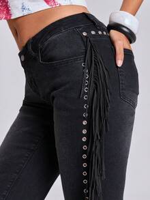 ROMWE Spring/Summer Vacation Y2K Hot Girl Music Festival Side Tassel Decor Vintage Washed Women's Ultra Low Waist Flare Jeans - Black - View 2