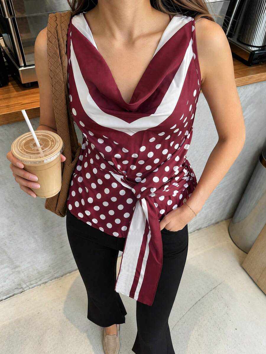 SHEIN PariChic 女款圓點腰部綁帶休閒百搭日常出遊上衣 - 鏽棕色 - 查看 1