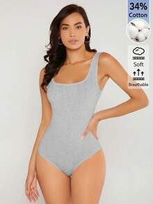 SHEIN BASICS 女款純色休閒百搭連身衣 灰色 夏季 日間居家與辦公日常外出穿搭 - 淺灰色 - 查看 5