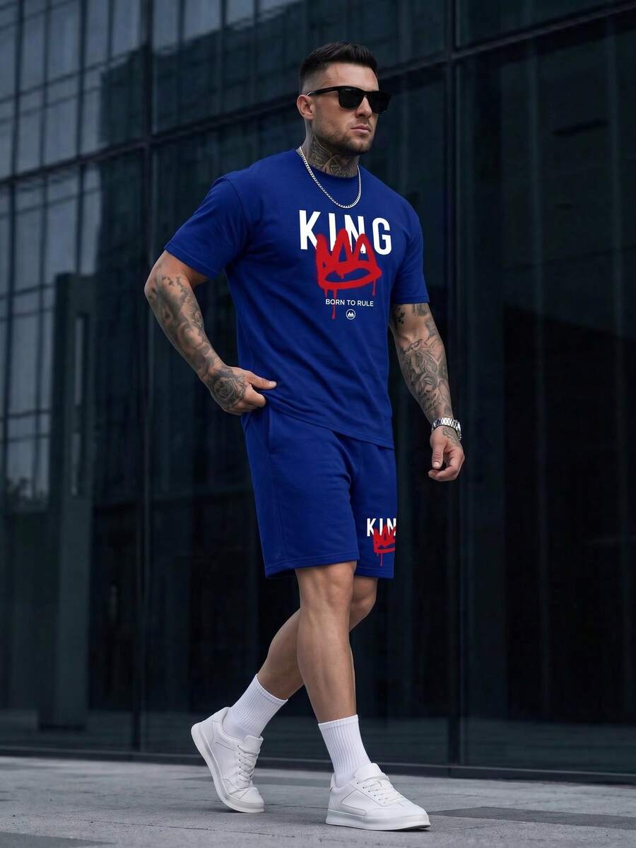 Lornexis Men's Summer Letter Print Round Neck Short Sleeve Casual T-Shirt And Drawstring Waist Shorts Set - Blue - View 1