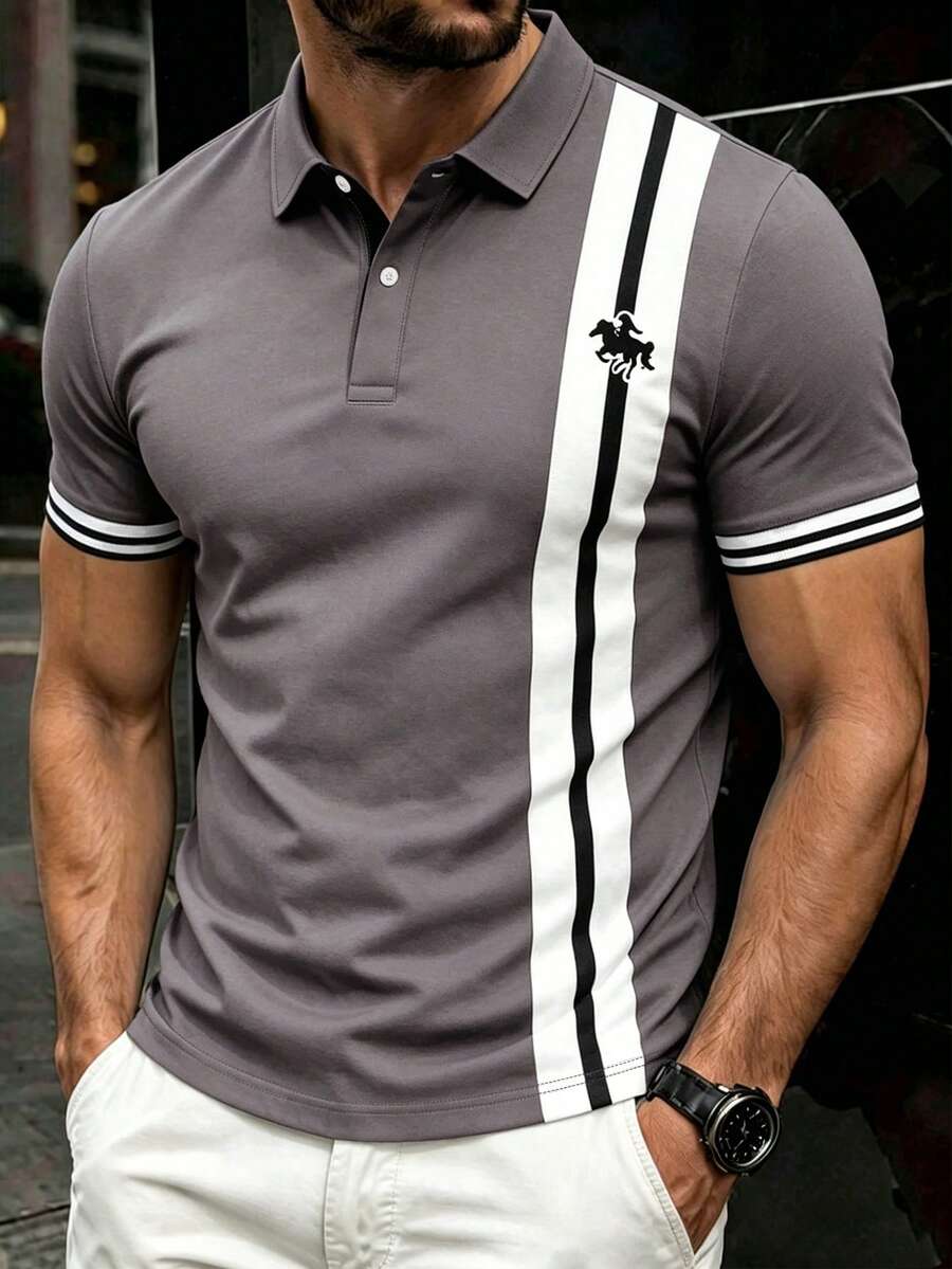 Manfinity Dauomo Kemeja Polo Pria Motif Garis-Garis, Pakaian Kasual untuk Bisnis, Perjalanan, dan Aktivitas Luar Ruangan - MultiWarna - View 1